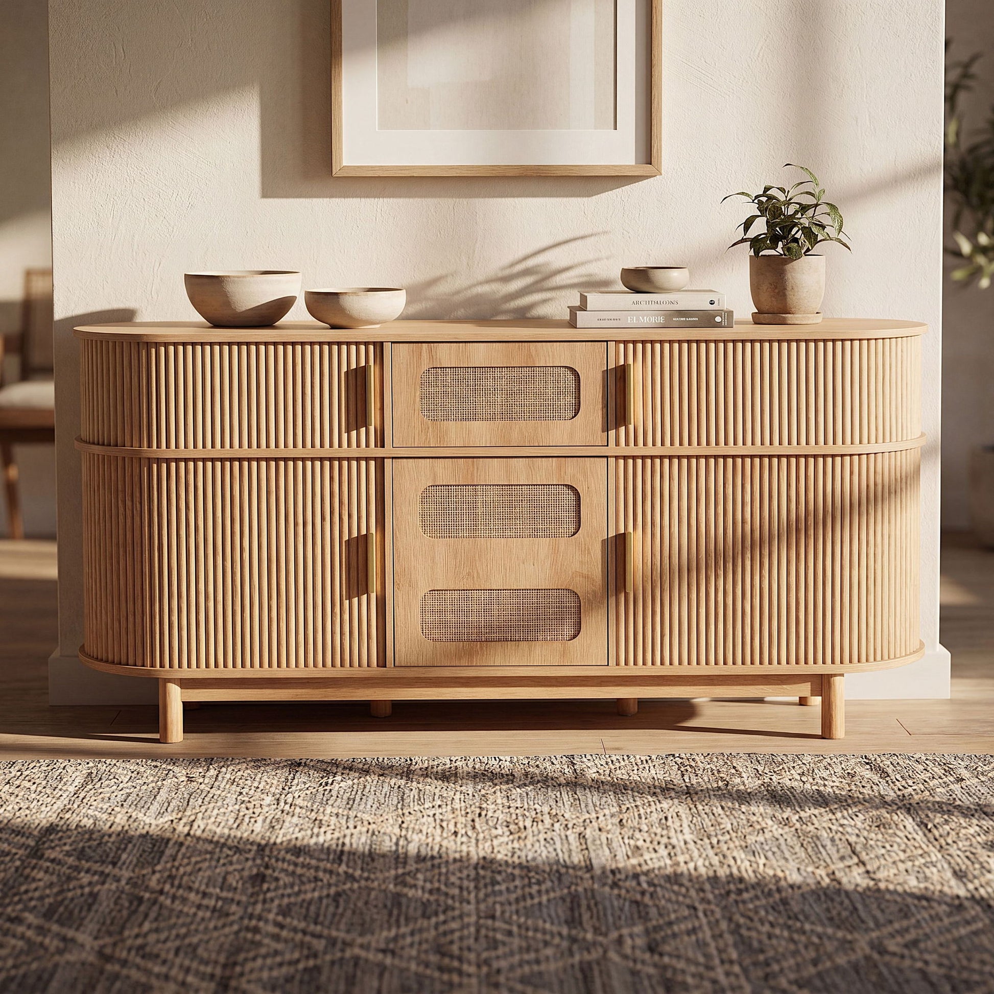 Fluted Sideboard Buffet Cabinet With Sliding Doors And Adjustable Shelves