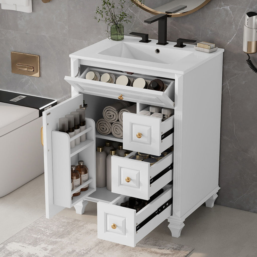 Freestanding Bathroom Vanity With Sink, 3 Drawers & Flip-Out Drawer