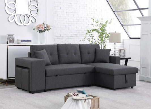 Dennis - Linen Fabric Reversible Sleeper Sectional With Storage Chaise And 2 Stools