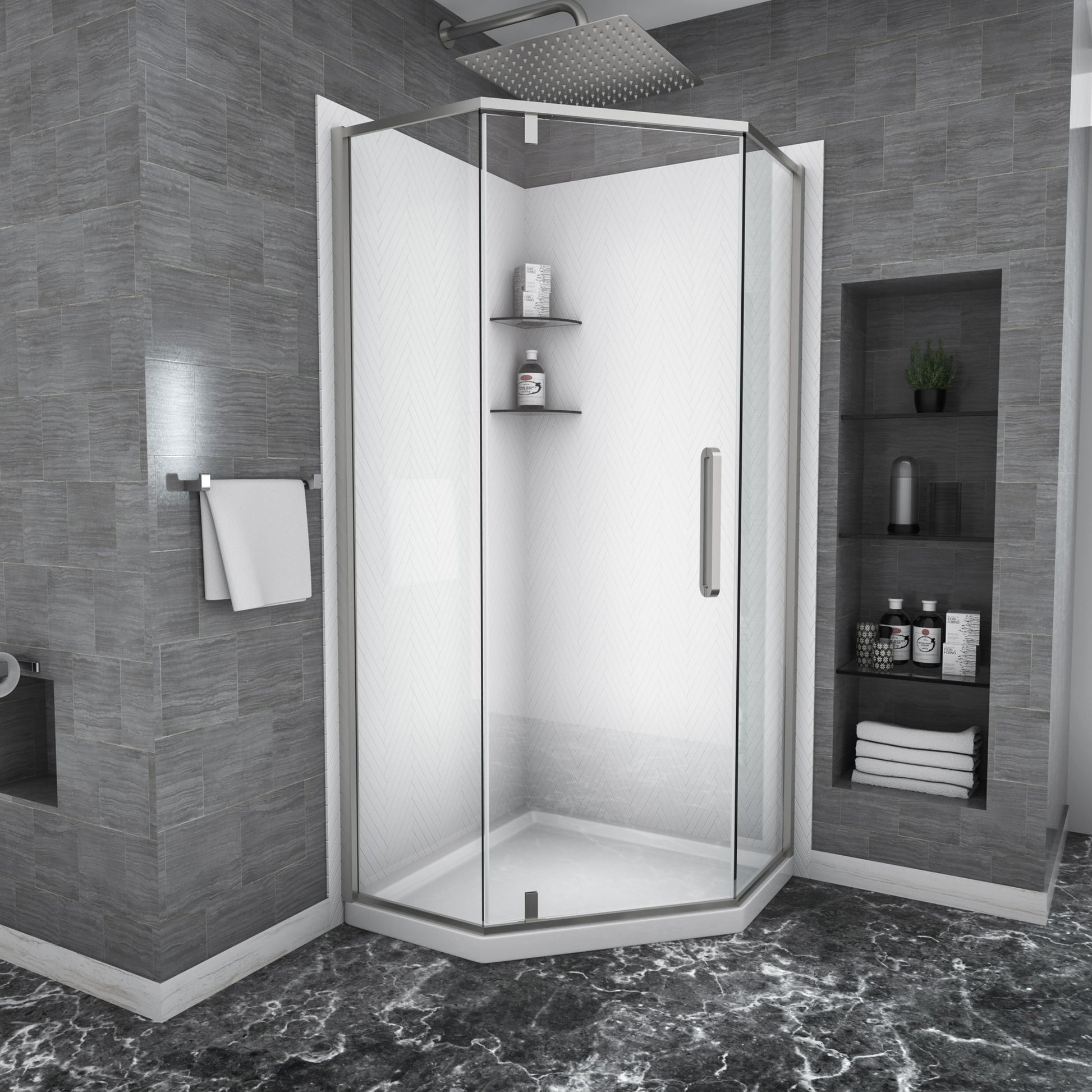 Semi Frameless Neo Angle Hinged Shower Enclosure With Clear Tempered Glass - Brushed Nickel