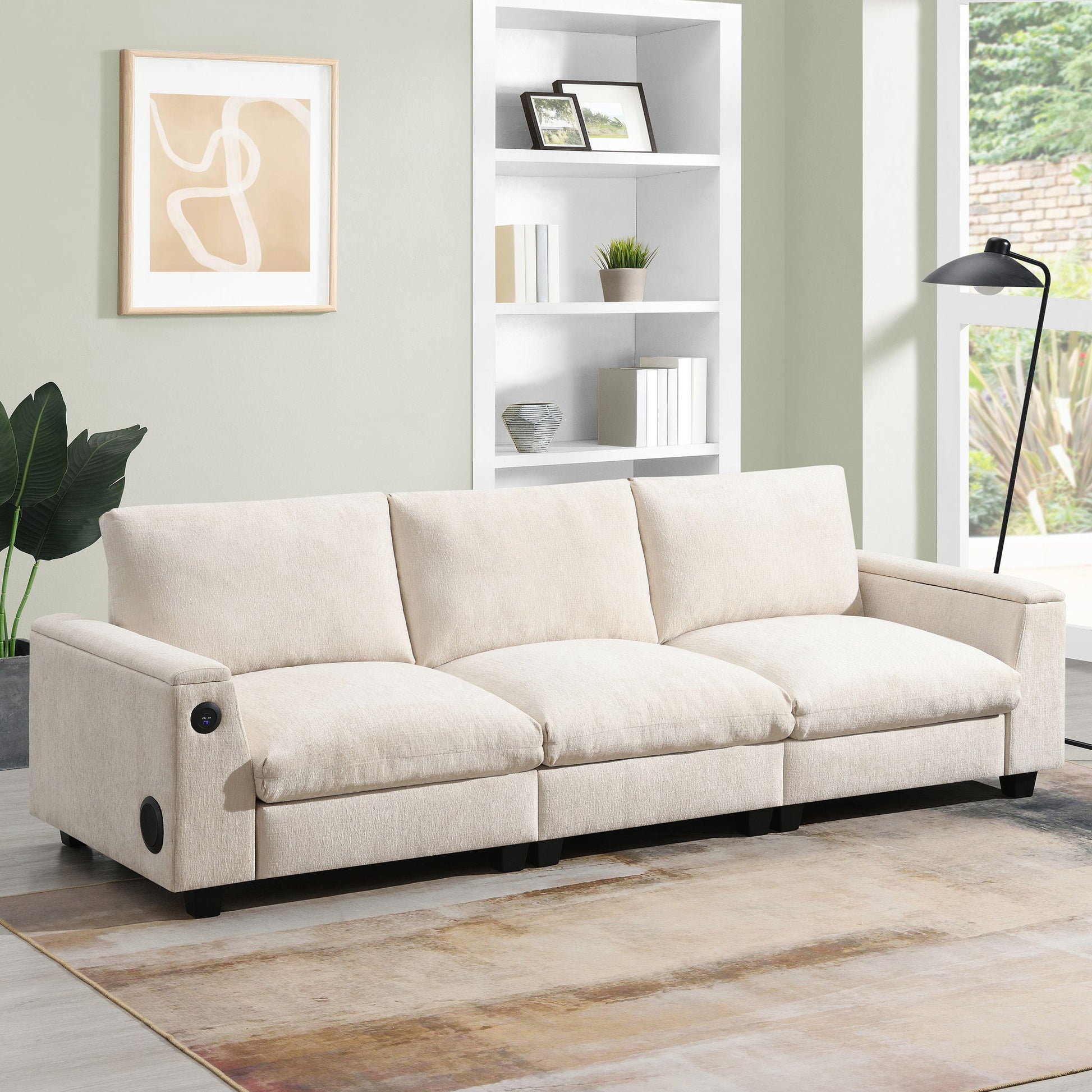 Sectional With Bluetooth Speaker Comfy Cloud Couch Set With Drop Down Table Cup Holders, USB Charger Storage Armrest Wide Seat Sofa