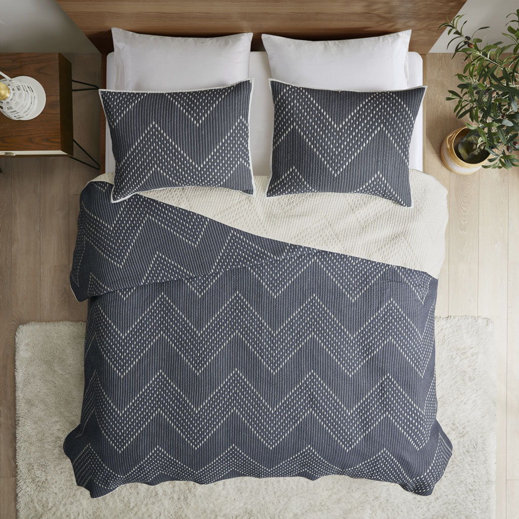 Pomona - King Embroidered 3 Piece Coverlet Set - Navy