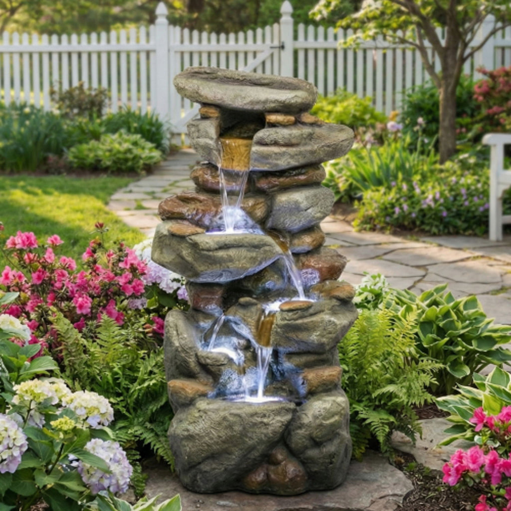 Stacked Rock Waterfall Fountain With LED Lights For Garden - Gray