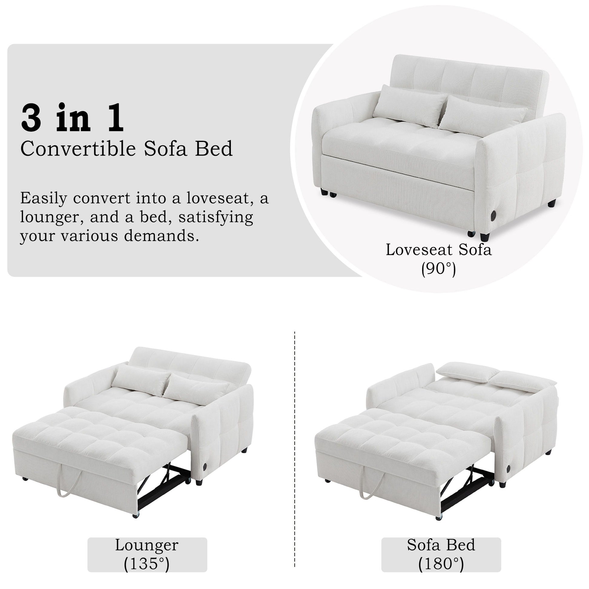 Loveseat Sofa Pull-Out Bed With Adjustable Backrest, 3 USB Ports And 2 Lumbar Pillows For Living Room