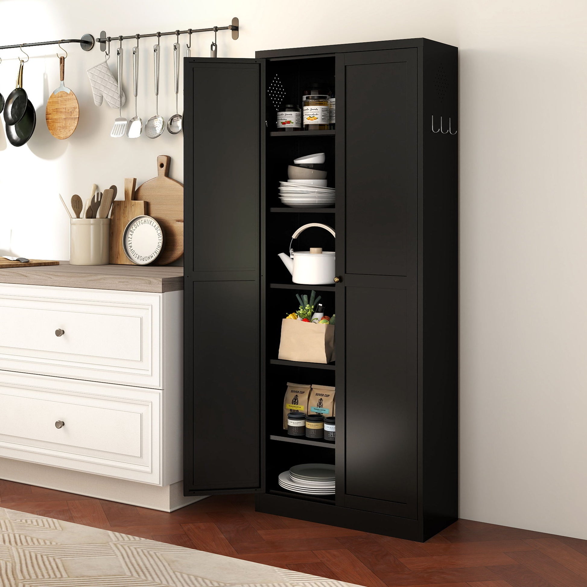 Kitchen Pantry Cabinet With 4 Adjustable Shelves, Heavy Duty Freestanding Organizer