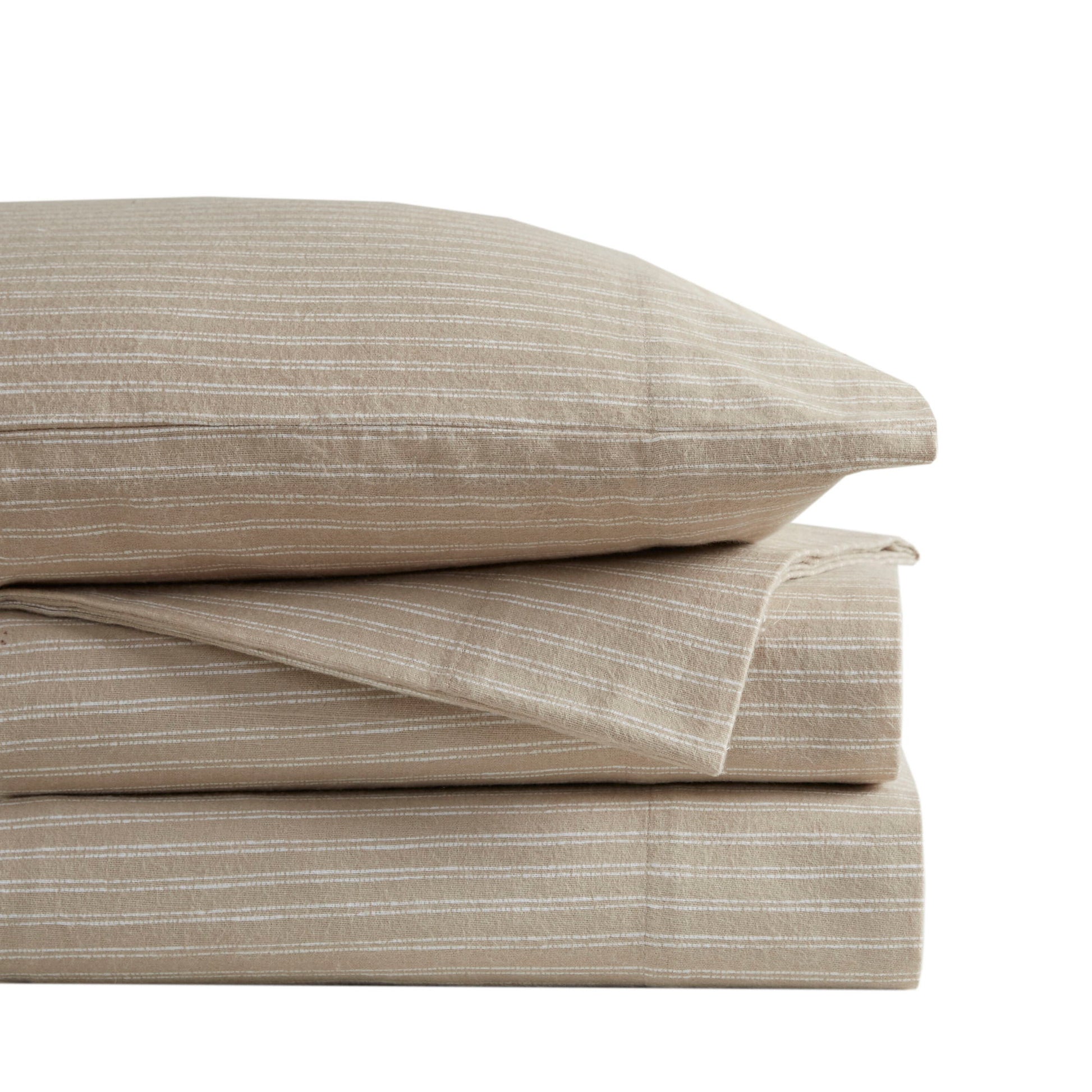 Cozy Cotton Flannel - California King Printed Sheet Set - Beige / White Stripes