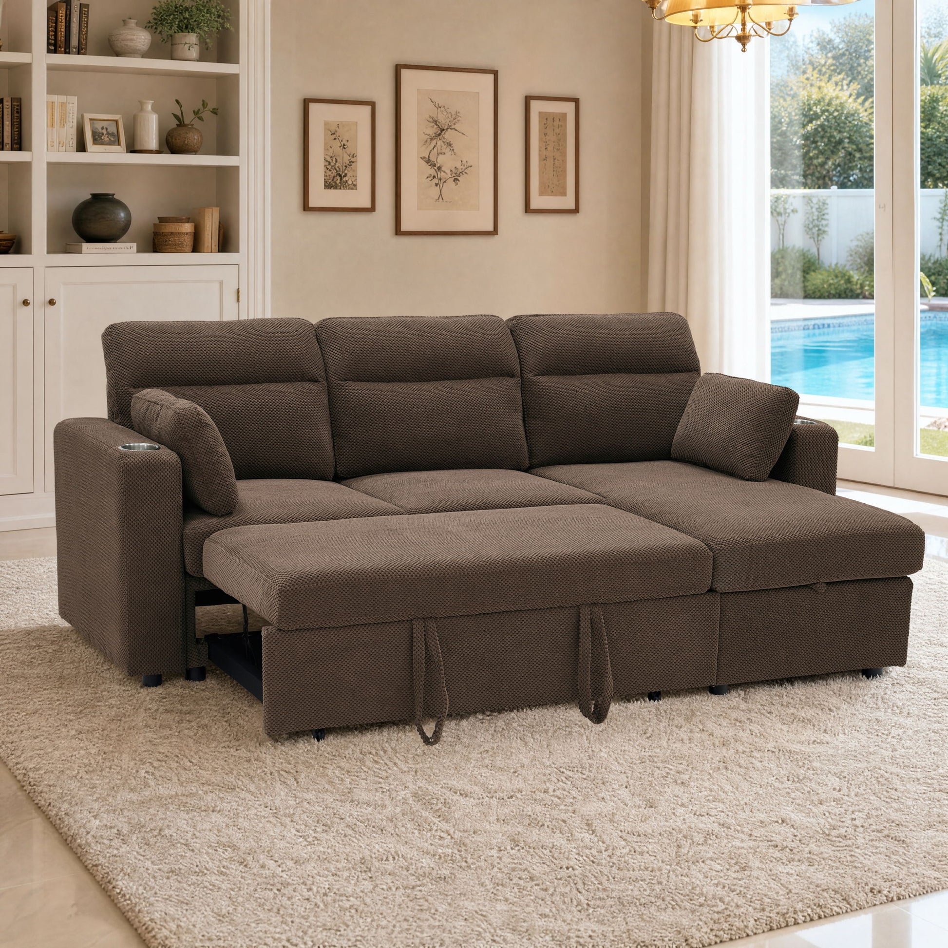 Convertible L - Shaped Sectional Sofa Bed With Storage Chaise, Cup Holders