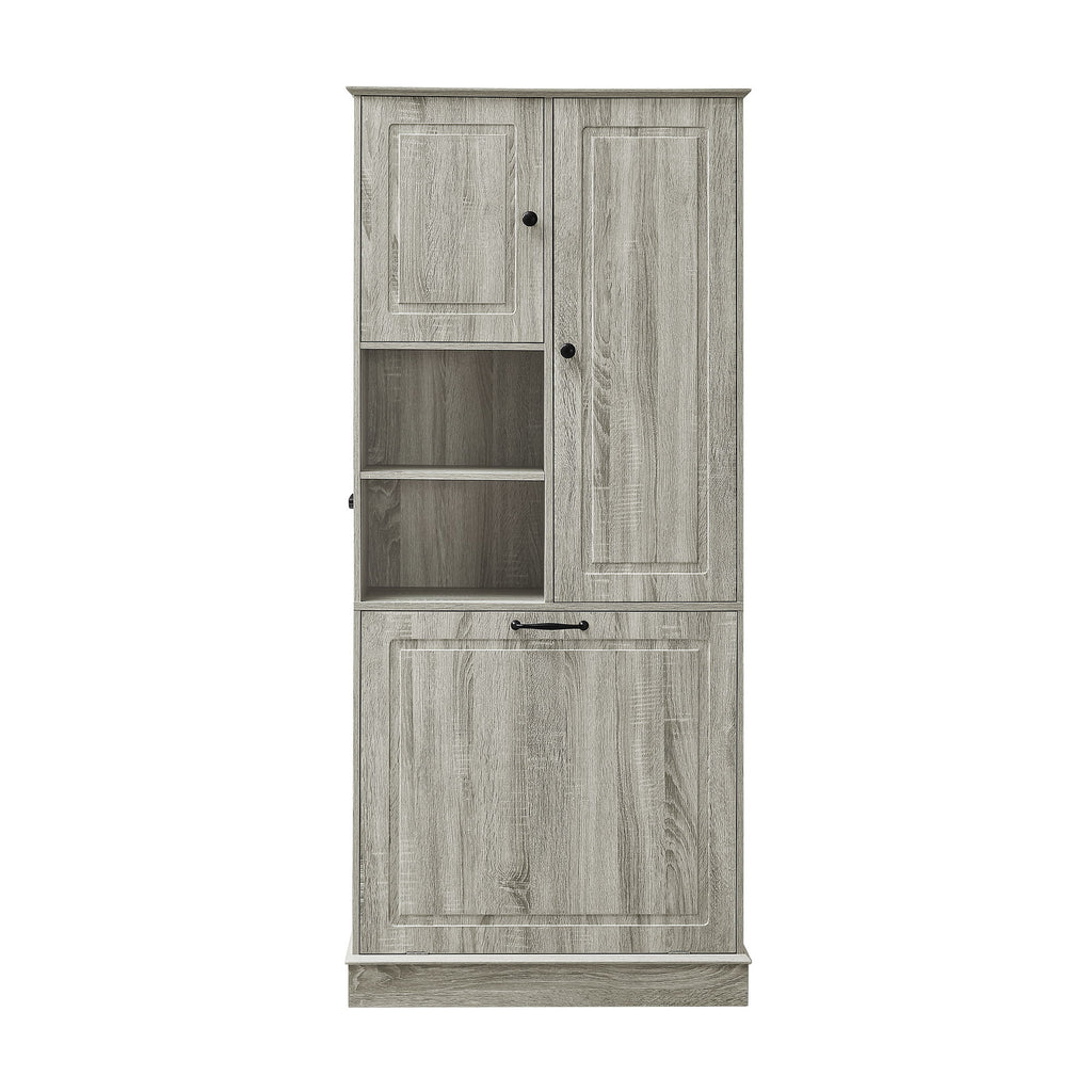 Modern Tall Storage Cabinet With Adjustable Shelves, Flip-Out Basket & Enclosed Doors