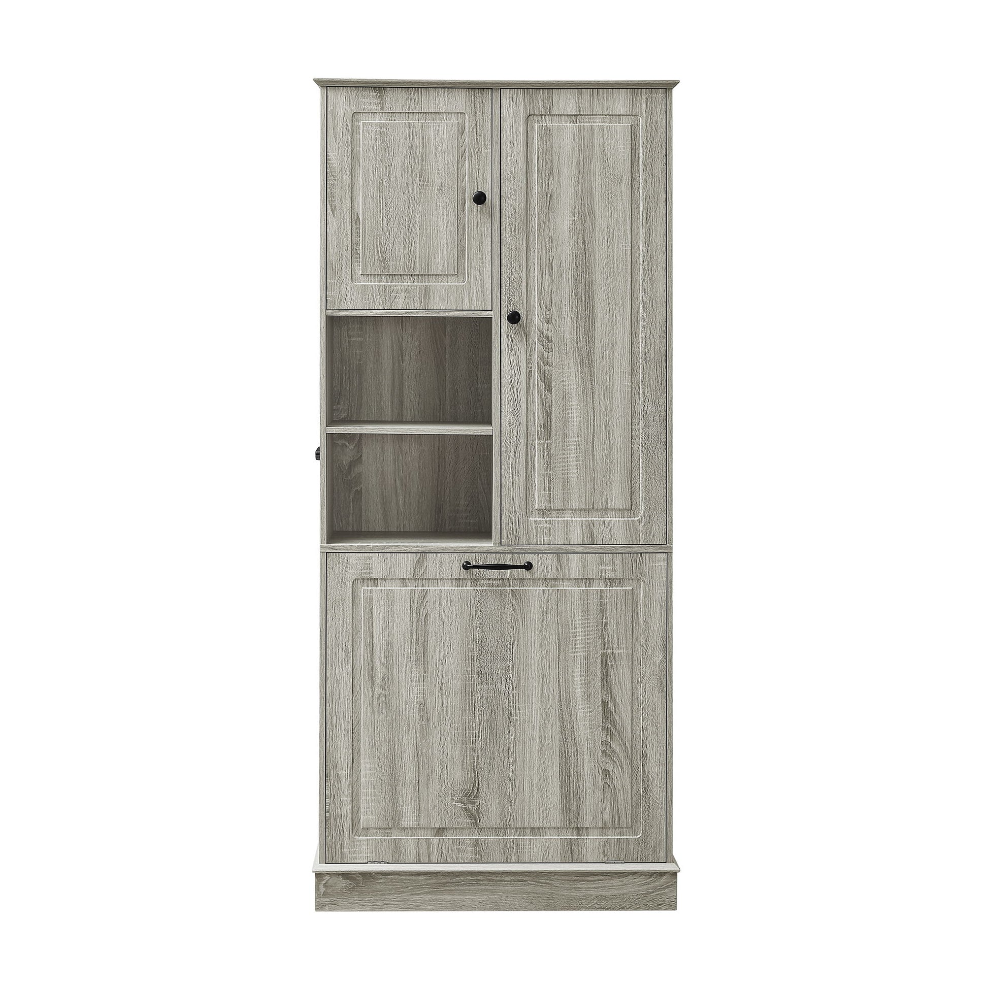 Modern Tall Storage Cabinet With Adjustable Shelves, Flip-Out Basket & Enclosed Doors