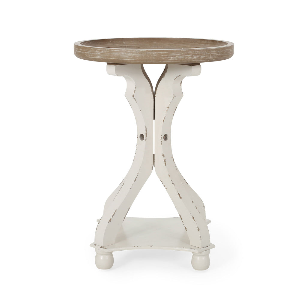 Rustic French Country Accent Table With Hourglass Firwood Base And Lipped Top