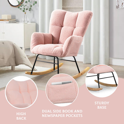 Teddy Rocking Chair, Upholstered Rocker Armchair With High Backrest, Modern Rocking Accent Chair For Nursery, Living Room