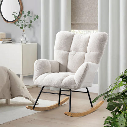 Teddy Rocking Chair, Upholstered Rocker Armchair With High Backrest, Modern Rocking Accent Chair For Nursery, Living Room