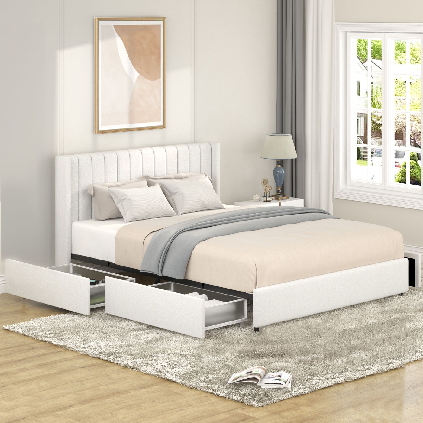 Anda - Queen Boucle Upholstered Platform Bed With Patented 4 Drawers Storage - Ivory