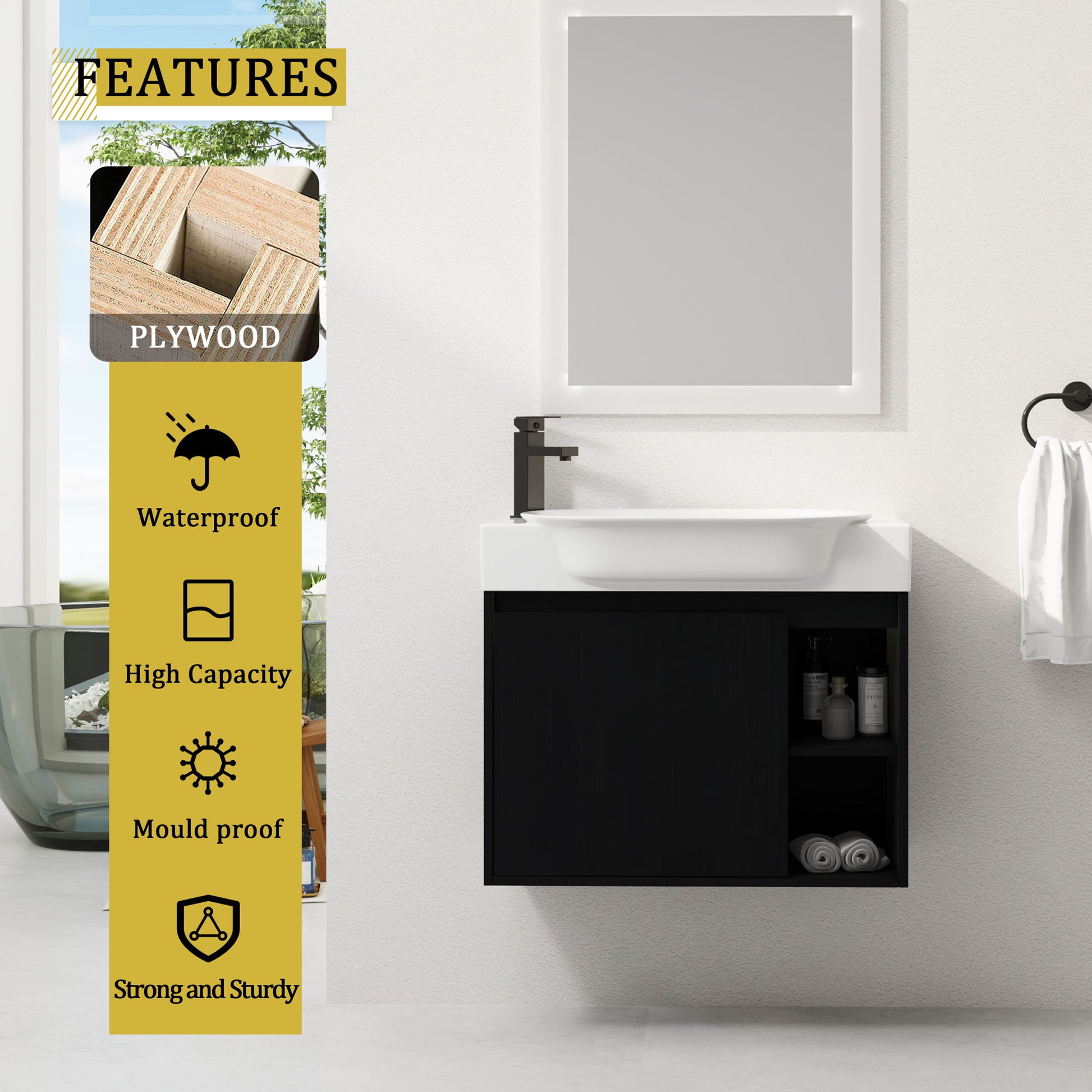 28" Wall Mounted Bathroom Vanity With Sink & Soft Close Door - Black Chestnut
