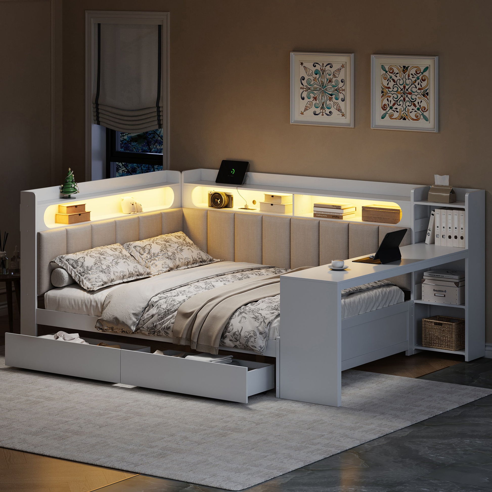 Daybed With Upholstered Headboard, Storage Shelves, Drawers, Charging Station, LED Light, And Adjustable Desk