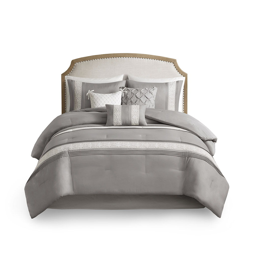 Lacey - 7 Piece Queen Lace Trim Comforter Set With Throw Pillows - Gray