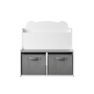 Bookshelf With Storage Bins, Bookcase With Book Display Shelf And 2 Bins, Cute Bear Shaped Backboard, Toy Organizer - White