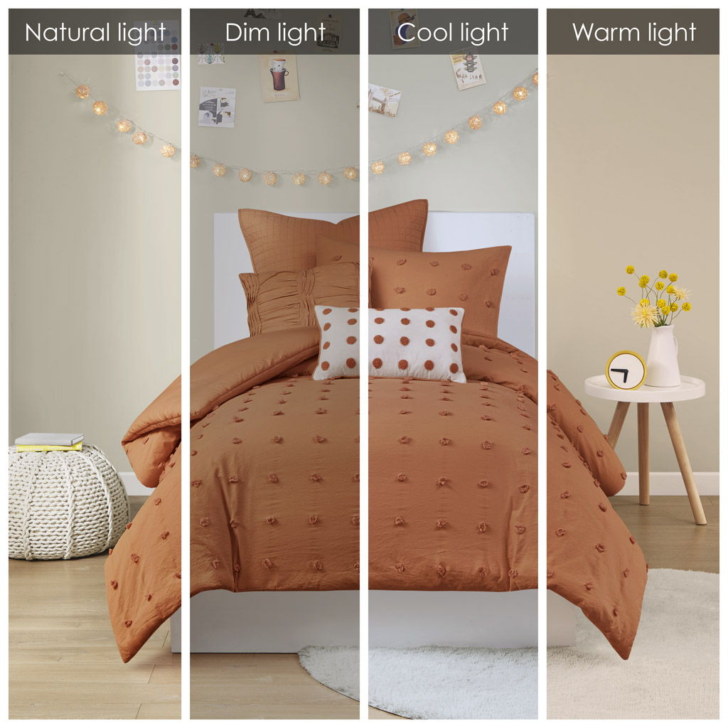 Brooklyn - Cotton Jacquard Twin Comforter Set With Euro Shams and Throw Pillows - Rust