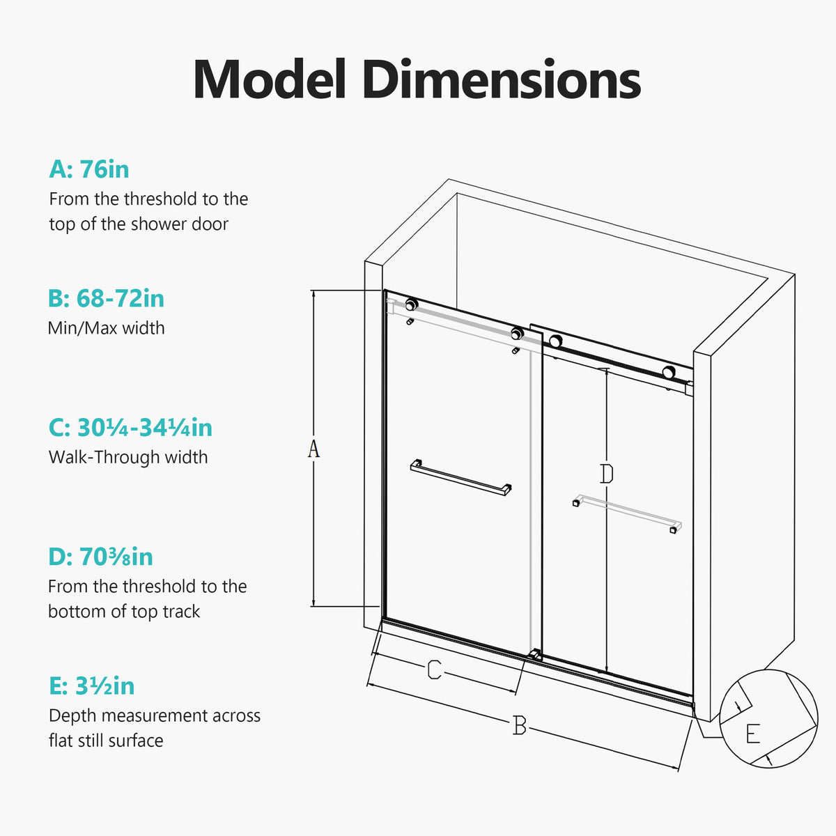 Frameless Double Sliding Soft Close Shower Door, Tempered Glass