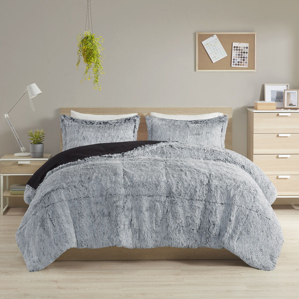 Malea - Shaggy Long Fur Comforter Mini Set - Black