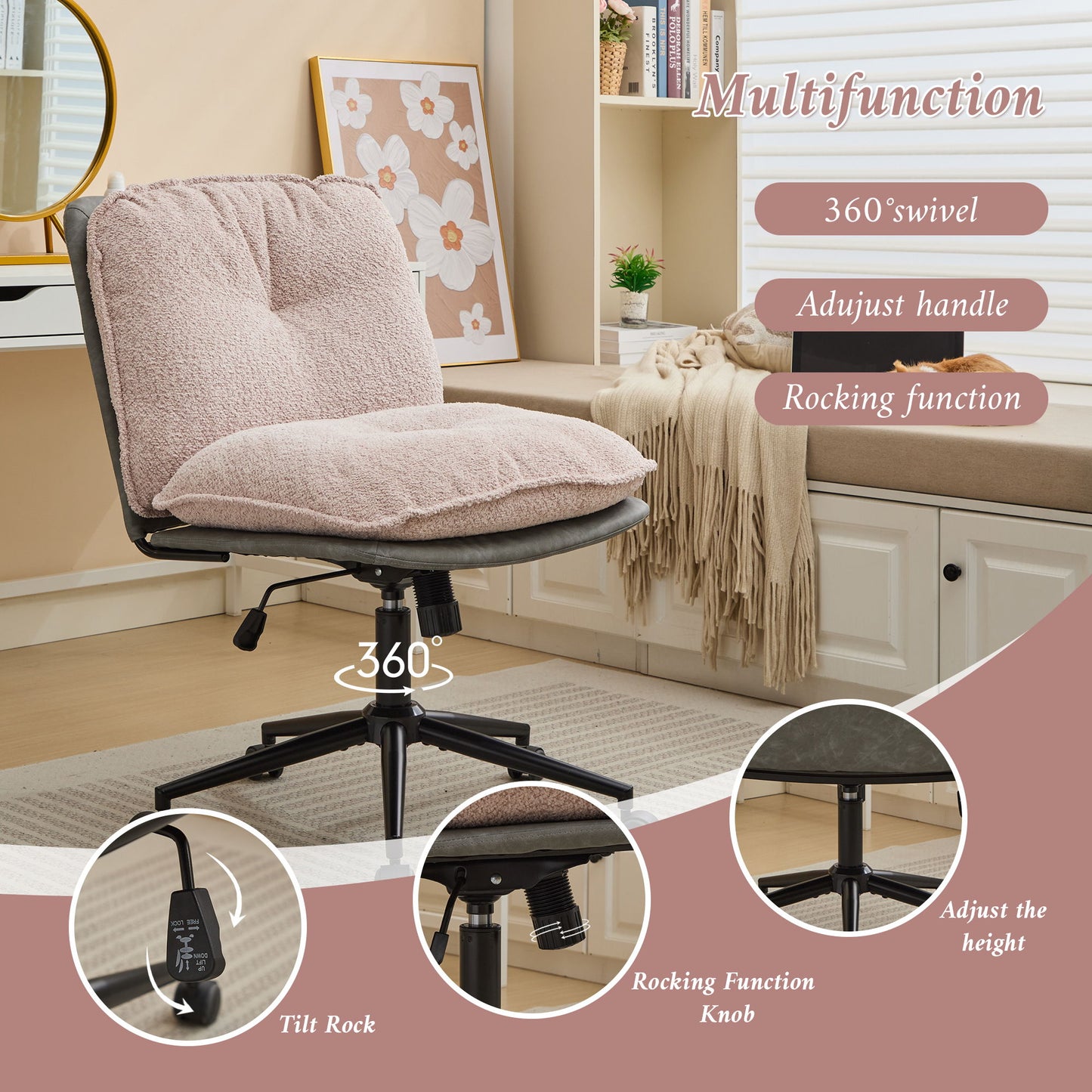 Oversize Seat Cirss Cross Chair With Wheels, Elegant Design Computer Chair, Adjustable Height 360 Degree Rolling Swivel Home Office Chair For Small Space, Dressing Room, Living Room