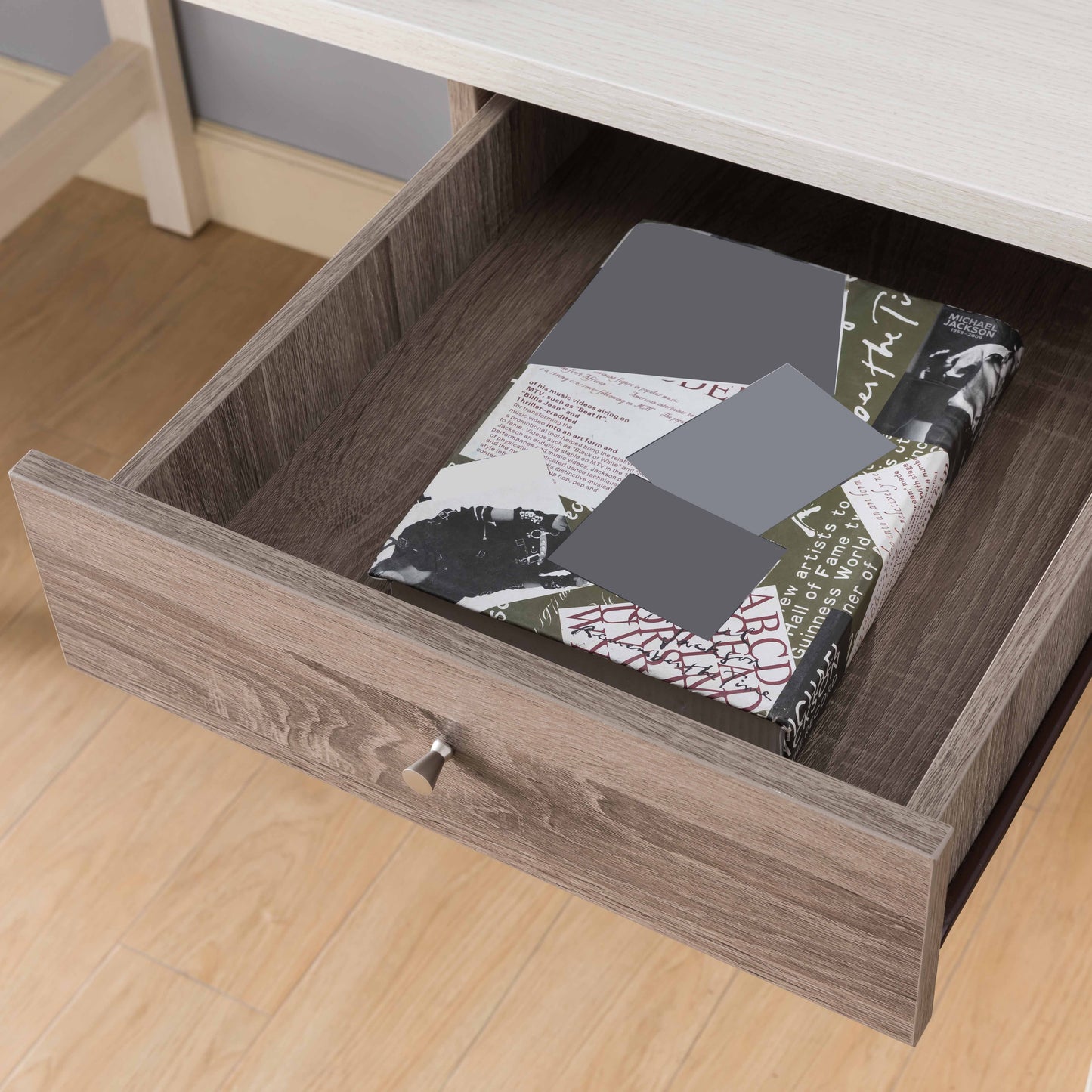 Office Writing Desk With Drawer, Small Bookshelf And USB/Power Outlet - Ivory & Dark Taupe