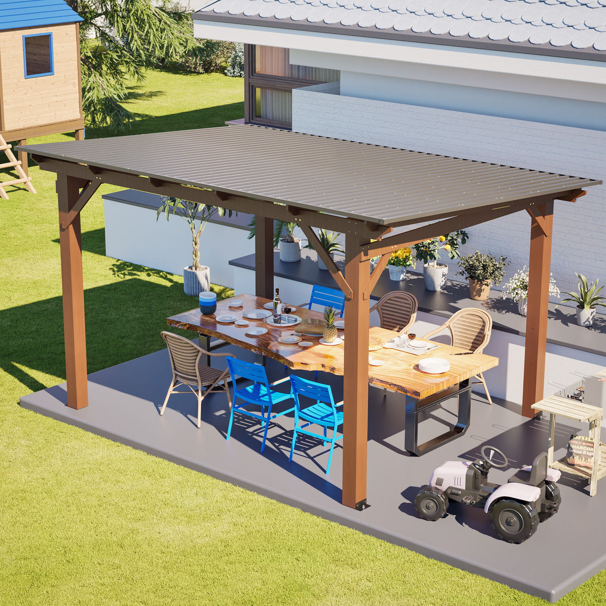 13 X 10 Ft Gazebo With Roof, Spacious Outdoor Patio Shade Structure For Backyard & Garden - Brown