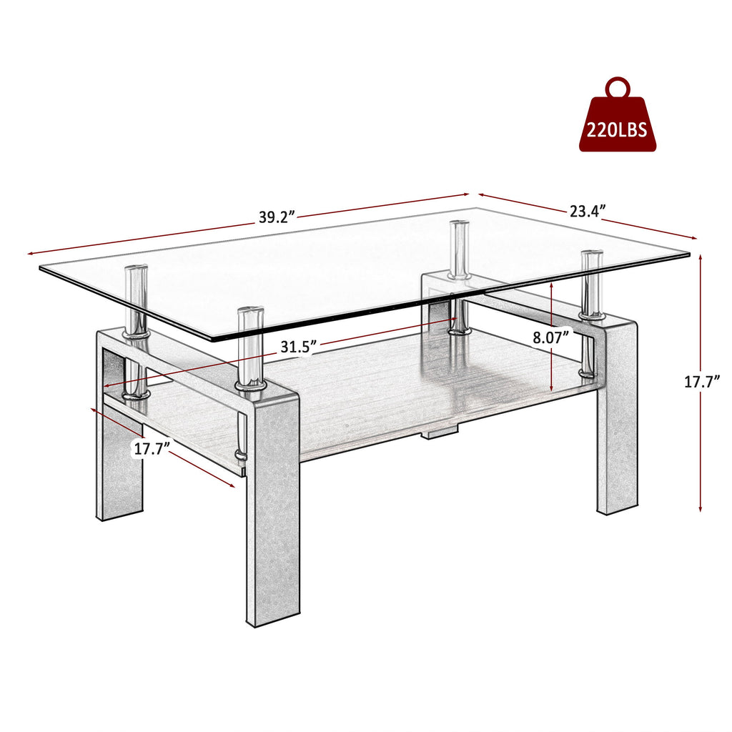 Modern Rectangular Coffee Table With Tempered Transparent Glass Top And Storage Shelf