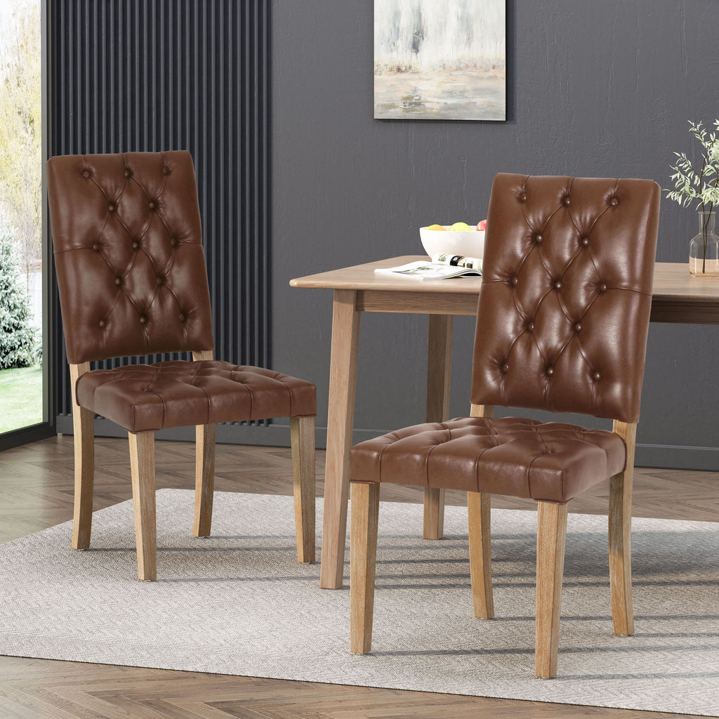 Sophisticated Dining Chair Set With Button Tufting - Light Brown / Weathered Wood