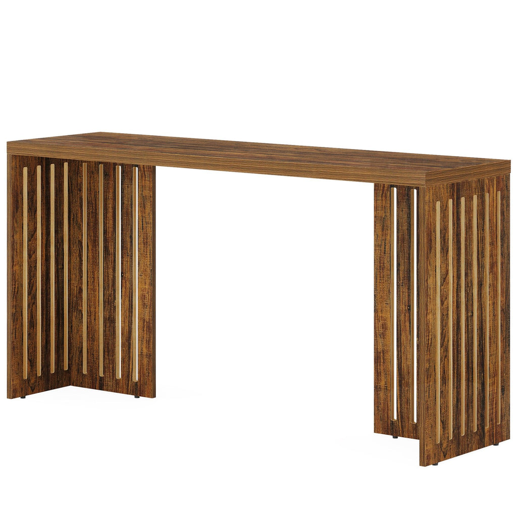 Narrow Counter Height Pub Table With Louvered Base For Kitchen - Rustic Brown