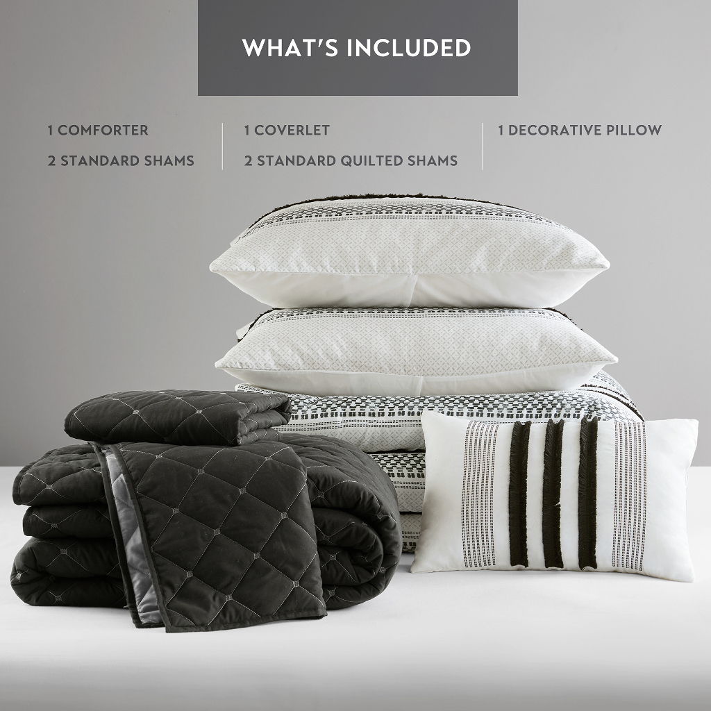 Carolina - 7 Piece Full/Queen Stripe Comforter And Quilt Set - Black
