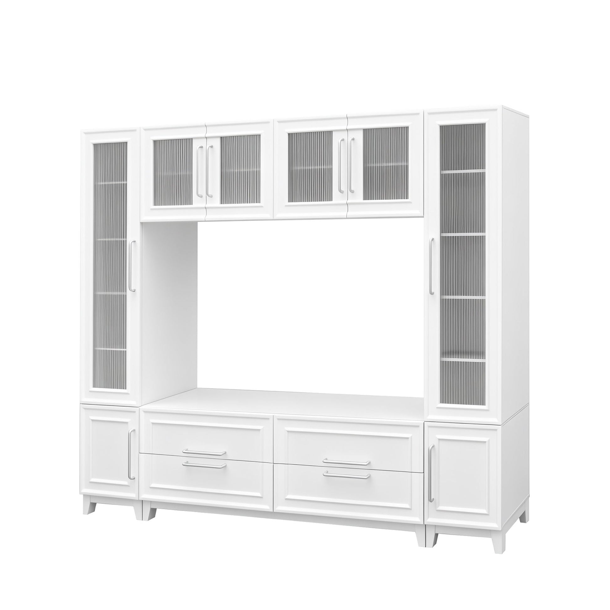 Wall Unit Entertainment Center With Glass Doors For TVs Up To 75" With Drawers For Living Room - White