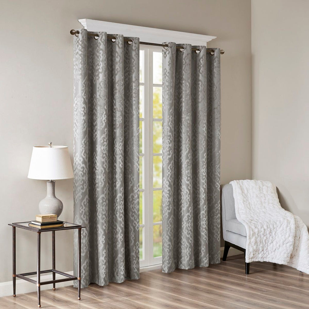 Mirage - 95"Knitted Damask Total Blackout Grommet Top Curtain Panel - Charcoal