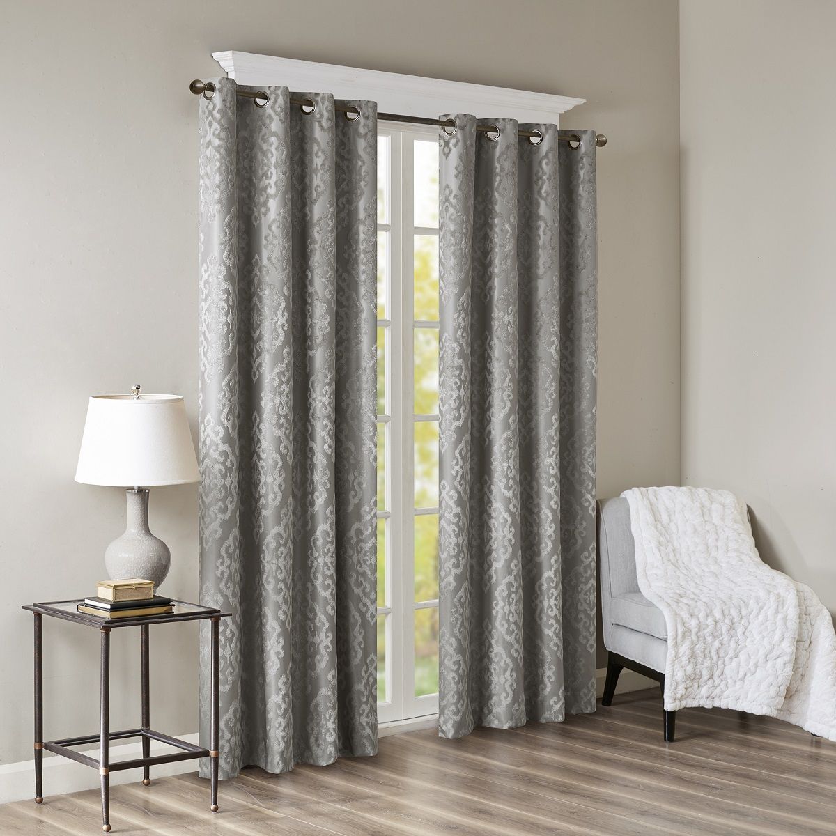 Mirage - 95"Knitted Damask Total Blackout Grommet Top Curtain Panel - Charcoal