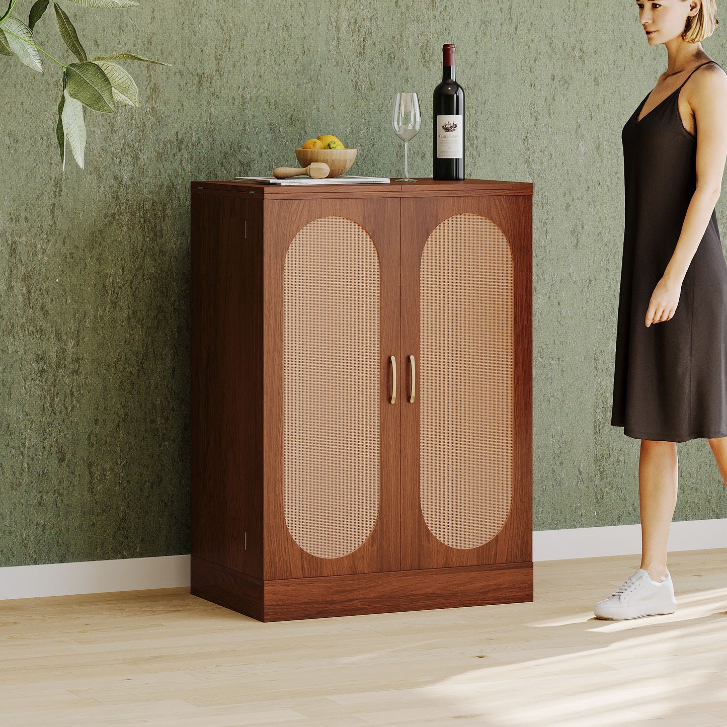 Home Bar Cabinet, Industrial Rattan Door Fold Out Bar Cabinet With Storage Bar Table - Walnut