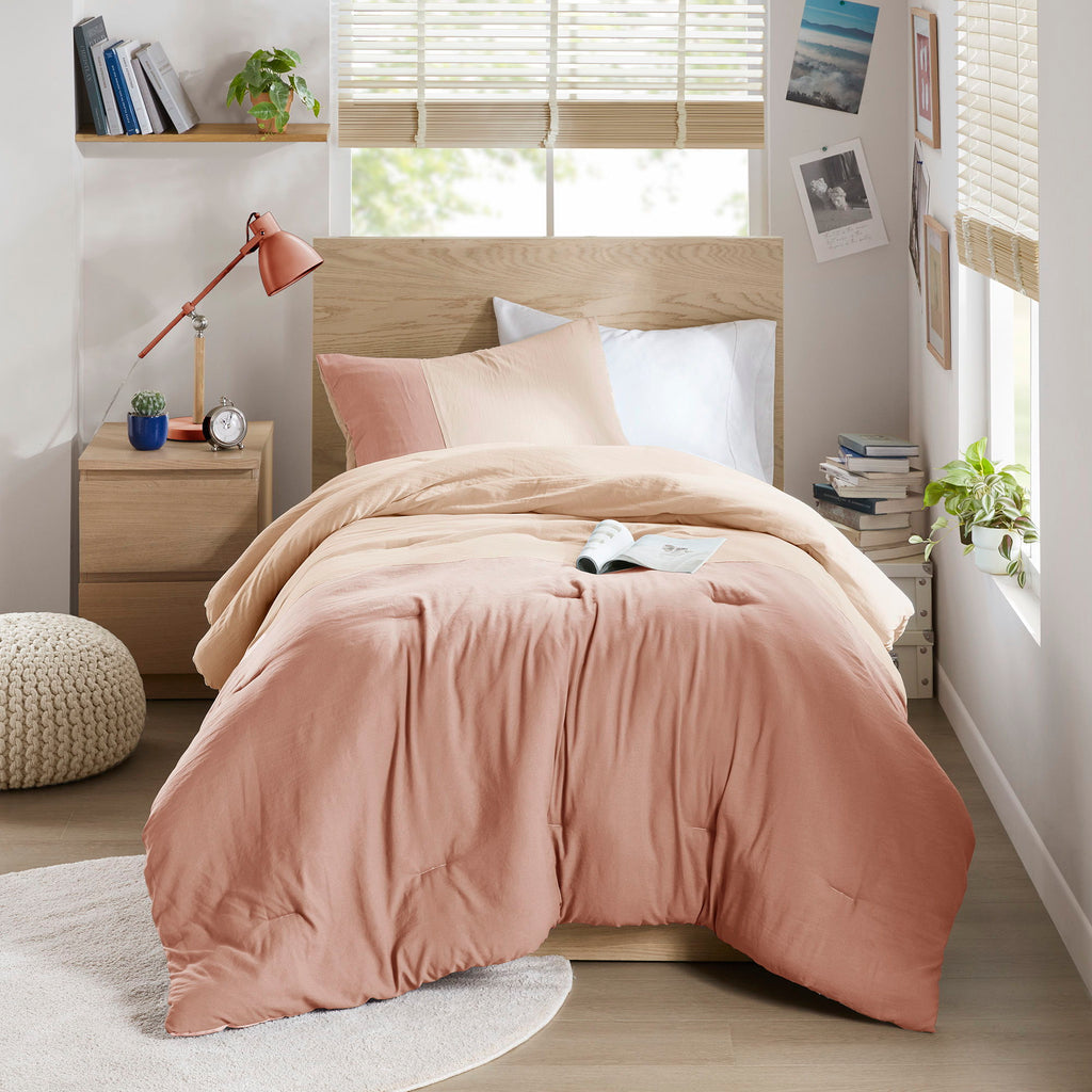 Miro - Twin/Twin Long Soft Washed Block Comforter Set - Pink