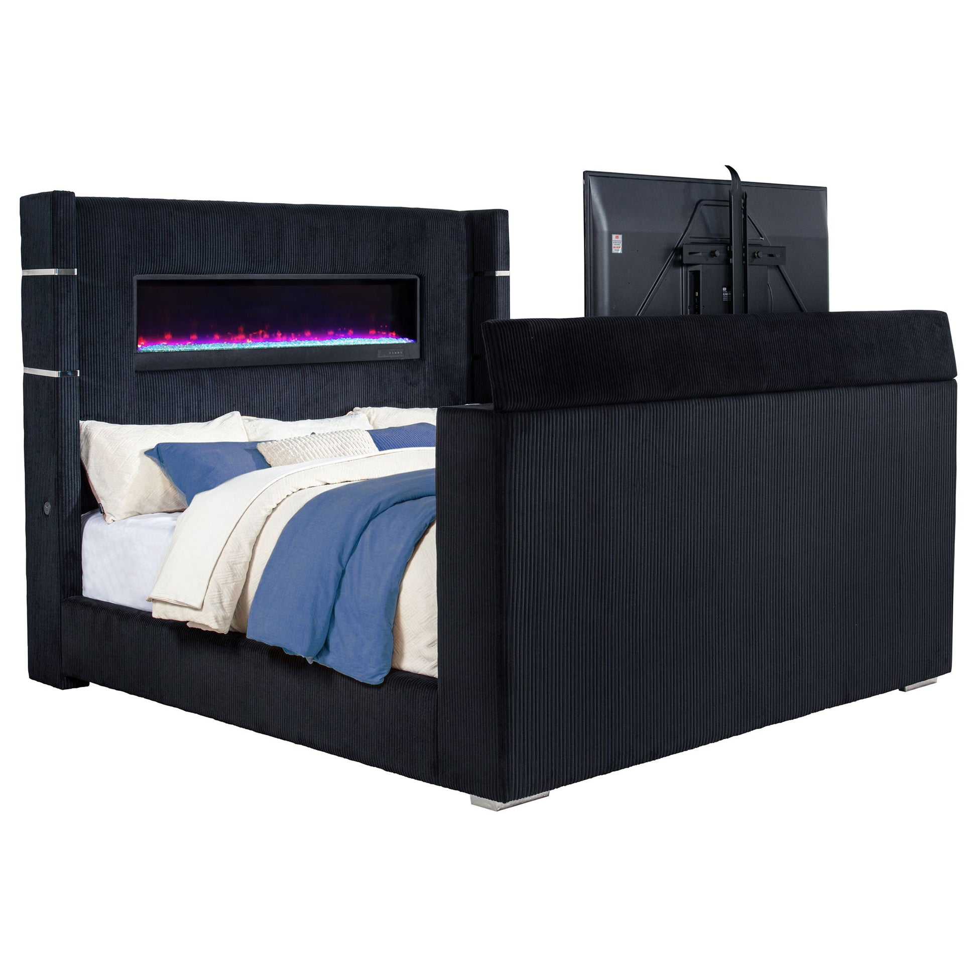 Judah - Eastern King Wingback TV Bed With Motorized Lift And Flame Visualizer - Black