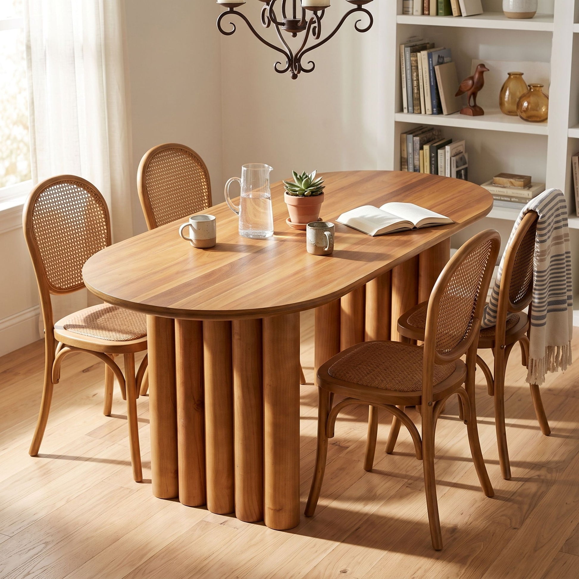 Oval Dining Table Set With 4 Birch Rattan Chairs - Brown / Light Brown