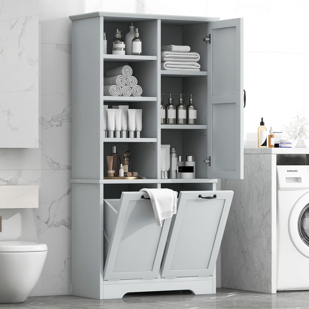 Freestanding Bathroom Storage Cabinet With Doors And Drawers, Adjustable Shelves, Tilt-Out Laundry Hamper