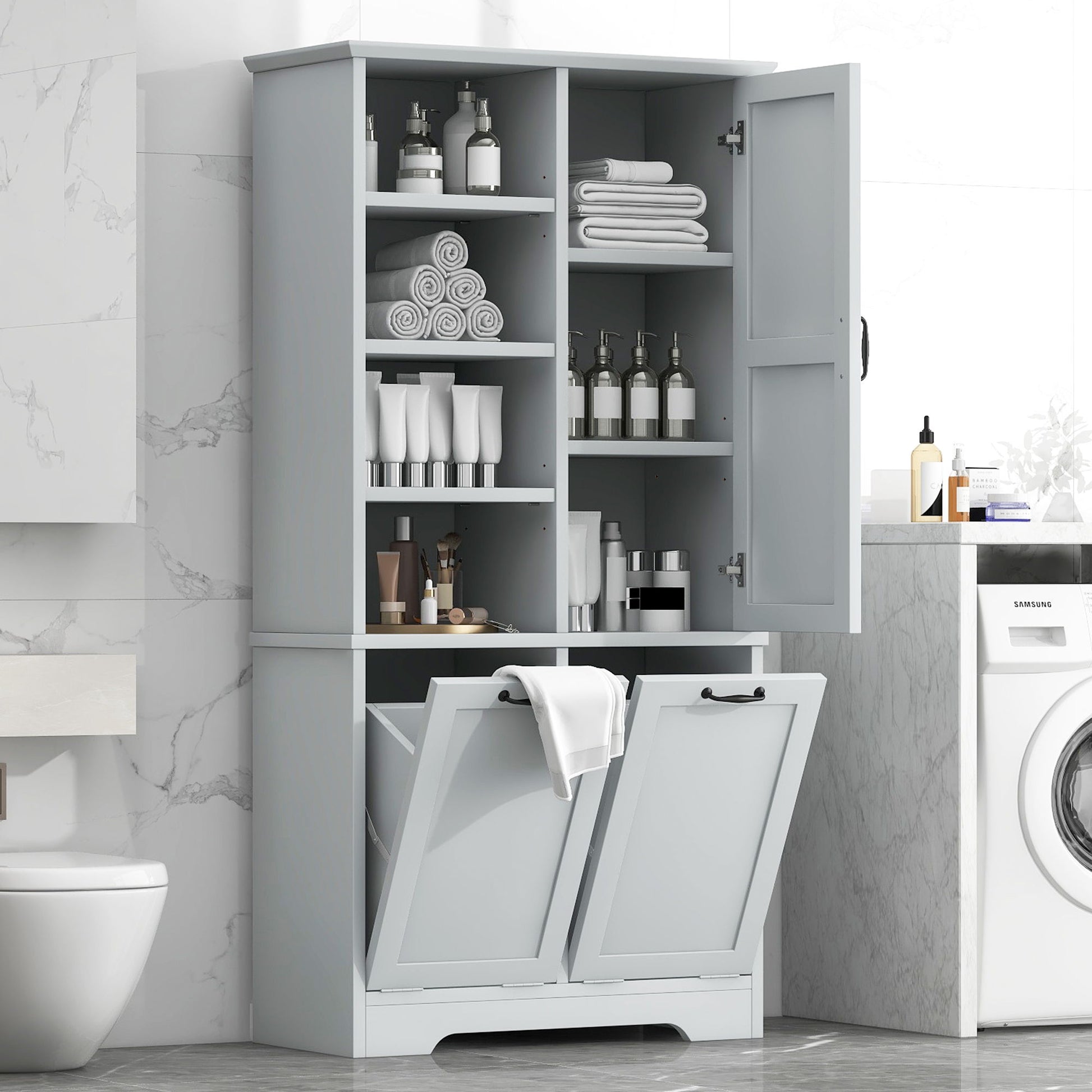 Freestanding Bathroom Storage Cabinet With Doors And Drawers, Adjustable Shelves, Tilt-Out Laundry Hamper