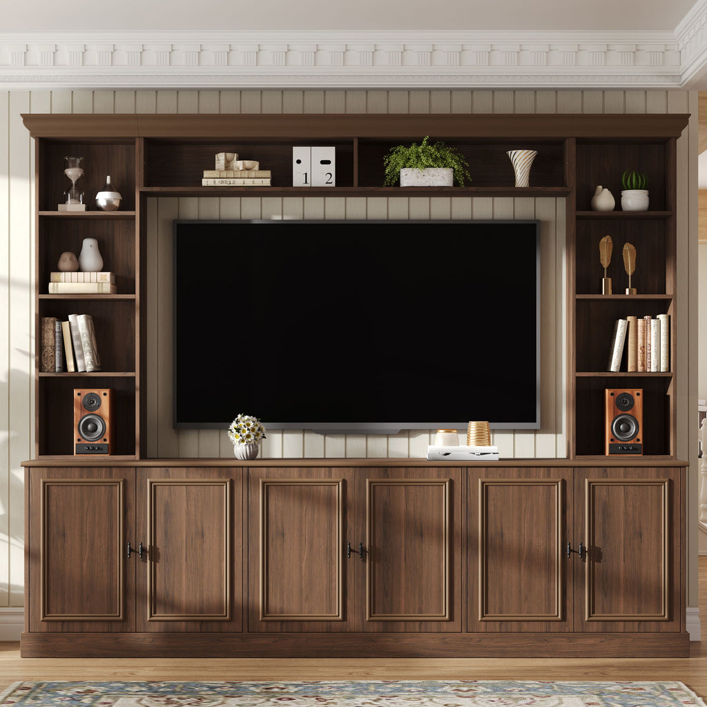 4 Piece Wall Unit Entertainment Center With Bookshelf, TV Stand With Adjustable Shelf For Living Room - Walnut