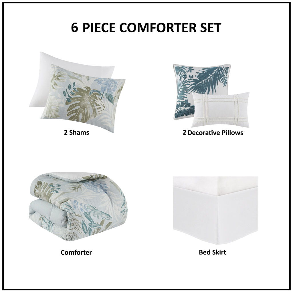 Kiawah Island - 6 Piece California King Cotton Comforter Set With Throw Pillow - Blue