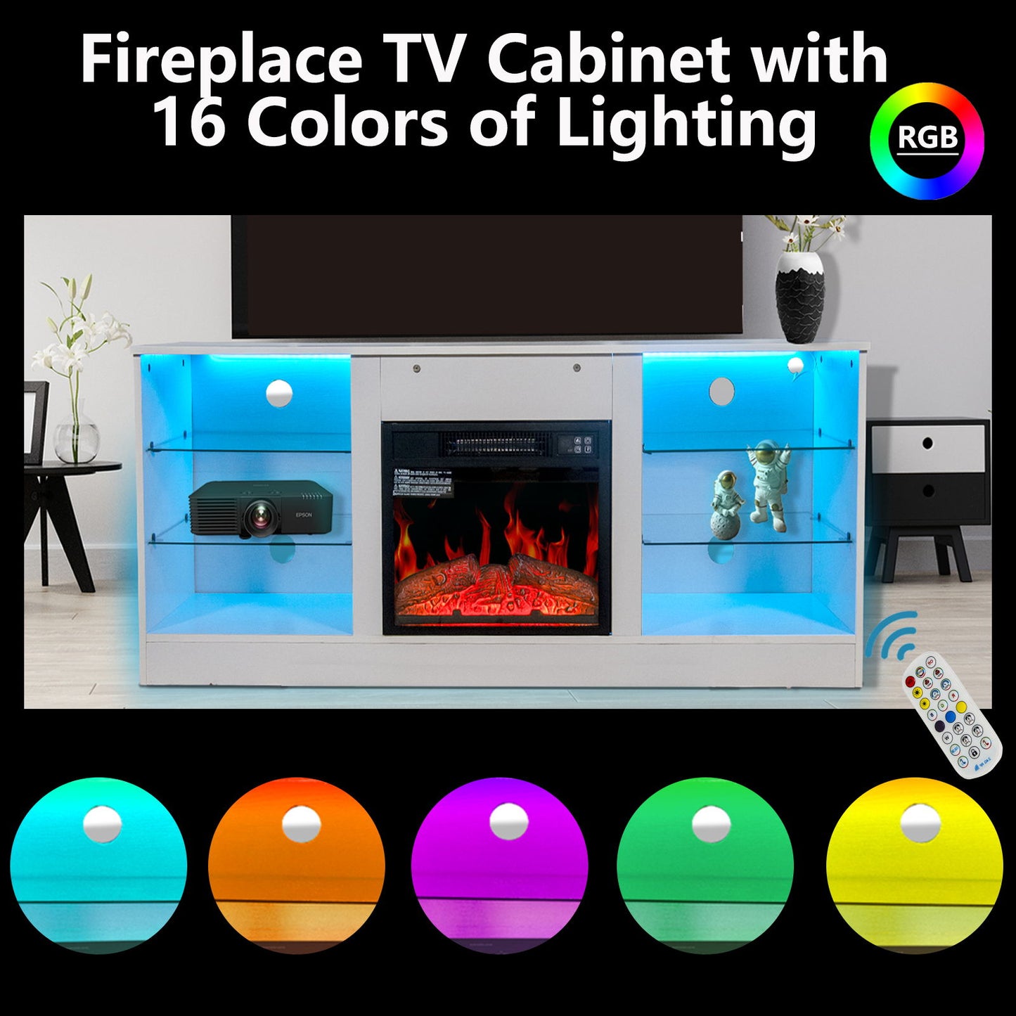 Fireplace TV Stand With 18" Electric Fireplace Heater, Modern Entertainment Center For TVs Up To 62" With Adjustable Glass Shelves And Storage Cabinets