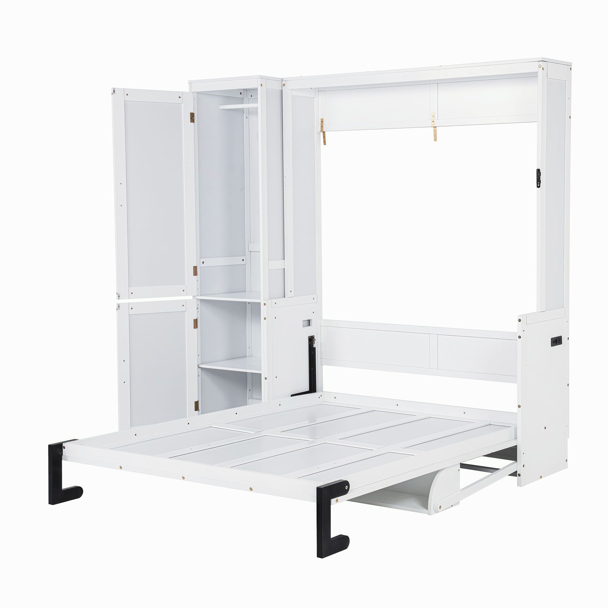 Queen Size Murphy Bed With Wardrobe, Space-Saving Hidden Wall Bed With Desk And Charging Station - White