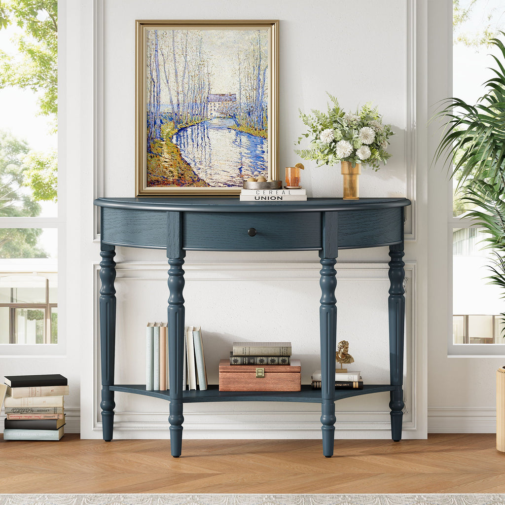 Half Moon Console Table With Drawer & Shelf