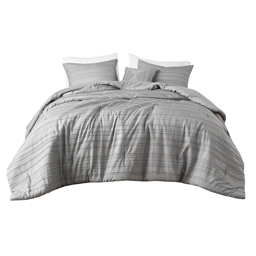 Oliver - Cationic Dyed Clip Jacquard Twin Comforter Set With Throw Pillow - Gray