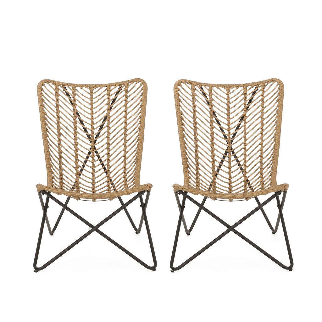 Wicker Chair With Geometric Cross Base, (Set of 2) - Light Brown