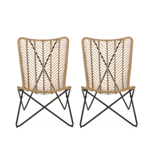 Wicker Chair With Geometric Cross Base, (Set of 2) - Light Brown