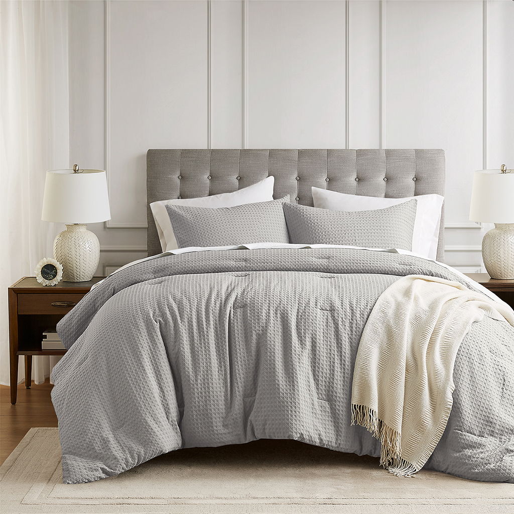 Mina - Twin/Twin Long Waffle Weave Textured Comforter Set - Light Gray