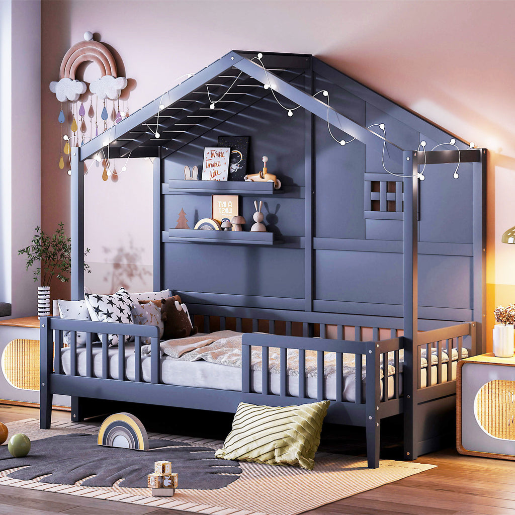 House Bed With Shelves, Window And Sparkling Light Strip On The Roof
